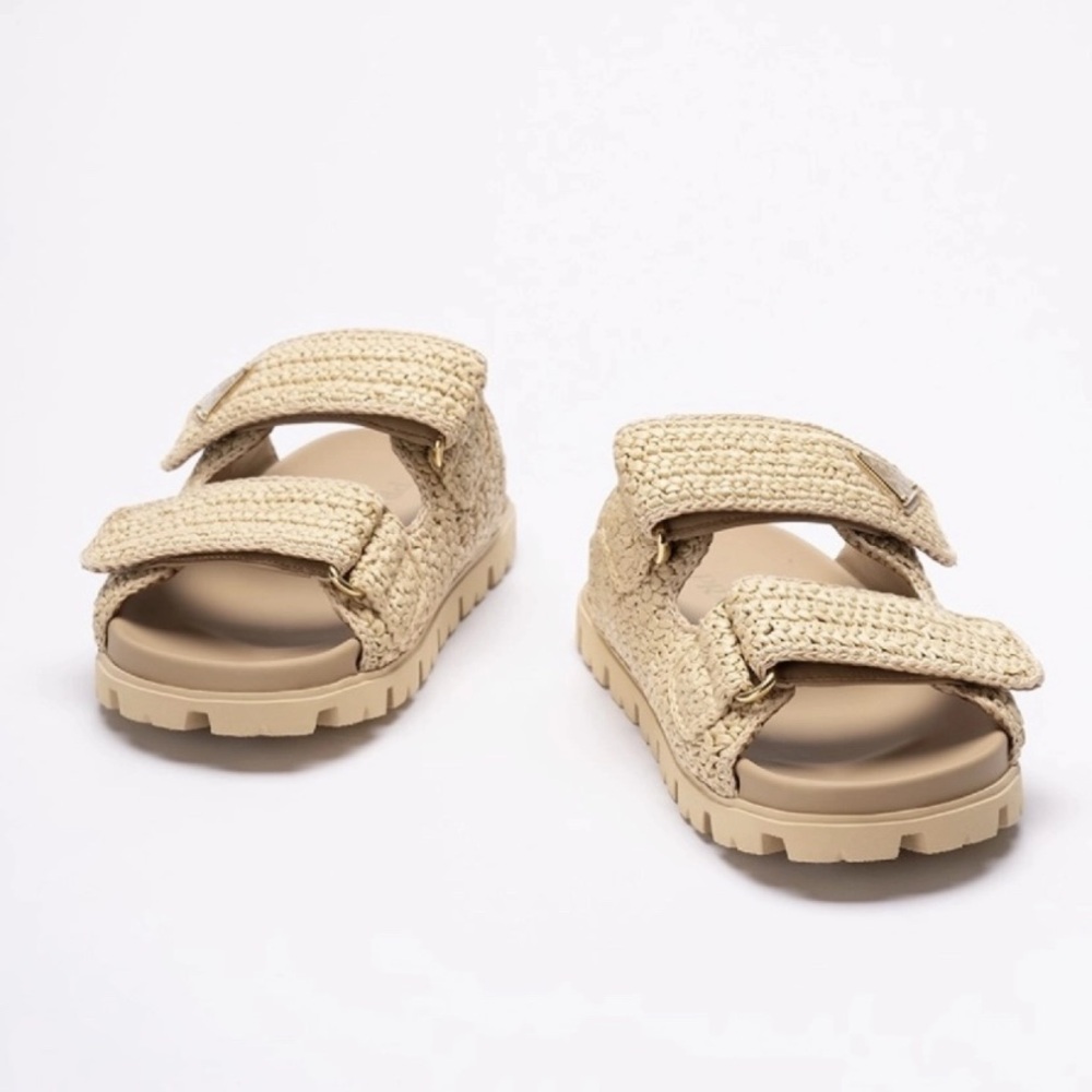 PRADA triangle logo raffia double strap leather slides sandals - Picture 3 of 5